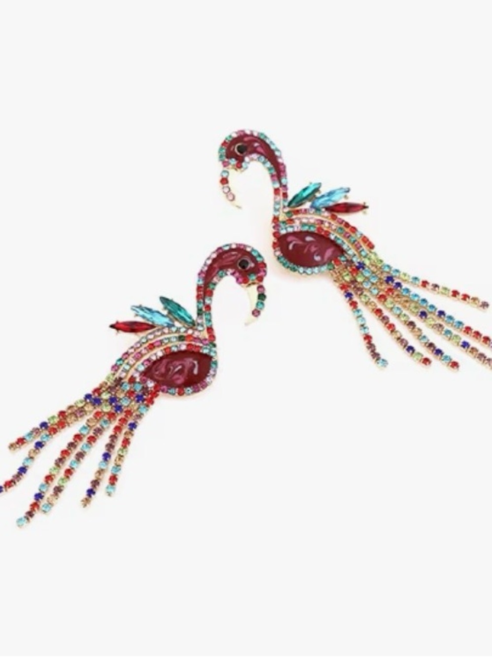 New Natasha Colorful Flamingo Drop Earrings - Red Multi-Color Crystal Fringe - Picture 6 of 14